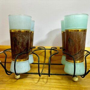 Vintage Siesta Ware Tiki Frosted Glass w Wood Wrap Set of 4 Blue & Green w Caddy